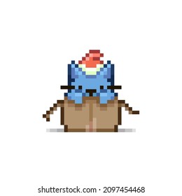 colorful simple flat pixel art illustration of cartoon cute blue kitten in red santa hat sitting in an open cardboard box