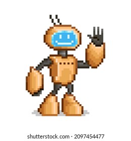 ilustración de arte de píxeles planos y coloridos de un robot antropomórfico caricaturizado sonriente con una pantalla en lugar de una cara