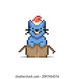 colorful simple flat pixel art illustration of cartoon smiling blue cat in red santa hat sitting in an open cardboard box