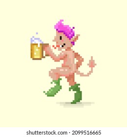 colorida ilustración de píxel plano simple de fantasía de dibujos animados demonio bailable desnudo, elf, gremlin, troll, satyr, faun, pan o goblin con un vaso de cerveza