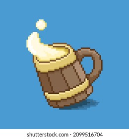 colorful simple flat pixel art illustration of cartoon hand drawn wooden mug with splashing beer