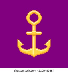 colorful simple flat pixel art illustration of navy golden luxury ship anchor in the style of retro video games in violet background