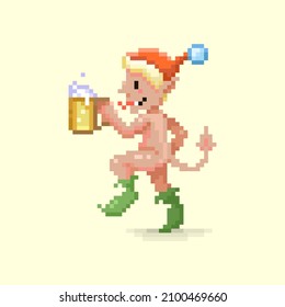 colorida ilustración de píxel plano simple de fantasía de dibujos animados demonio bailable desnudo, elf, gremlin, troll, satyr, faun, pan o goblin en sombrero de santa roja con un vaso de cerveza
