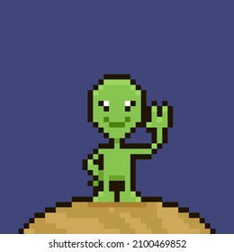 colorful simple flat pixel art illustration of cartoon friendly smiling green alien standing on the planet