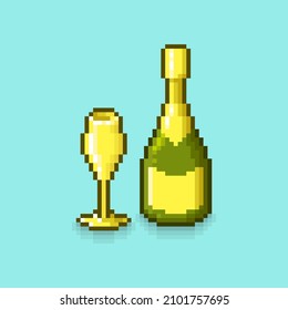 colorful simple flat pixel art illustration of bottle of sparkling wine or champagne and wineglass beside