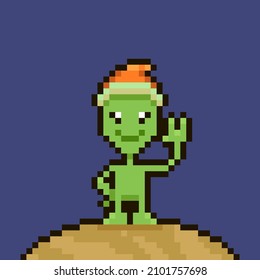 colorful simple flat pixel art illustration of cartoon friendly smiling green alien in red santa hat standing on the planet