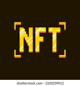 colorful simple flat pixel art illustration of cartoon golden inscription lettering NFT or non-fungible token