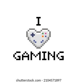 colorida simple ilustración de píxeles planos de letras decorativas para impresión me encantan los juegos y un joystick de la consola en forma de corazón