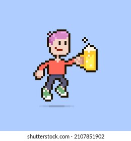 colorful simple flat pixel art illustration of cartoon smiling guy clinking glass of beer