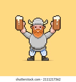 colorful simple flat pixel art illustration of cartoon viking with two mugs of beer with pouring foam in his hands