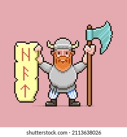 colorful simple flat pixel art illustration of cartoon viking with a big axe and parchment with Scandinavian runes NFT in his hands