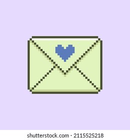 colorful simple flat pixel art illustration of rectangular paper envelope with a blue heart or love letter