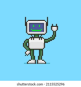 colorful simple flat pixel art illustration of cartoon smiling humanoid robot with a display instead of a face