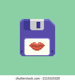 colorful simple flat pixel art illustration of blue computer floppy disk with red female lips in lipstick on the label