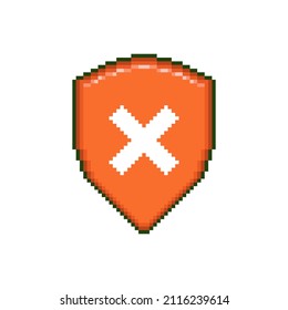 colorful simple flat pixel art icon of red shield with red cancel cross symbol