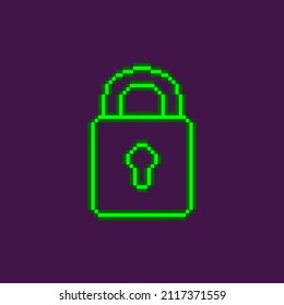 colorful simple flat pixel art illustration of neon green glowing closed padlock with keyhole