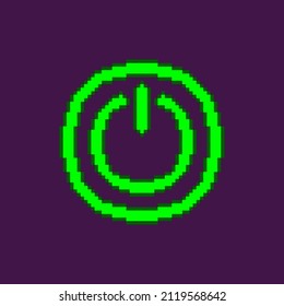colorful simple flat pixel art illustration of neon green glowing icon power on button in round frame