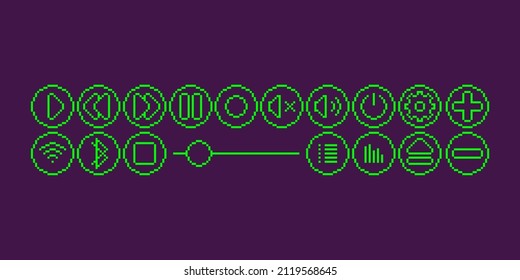 colorful simple flat pixel art set of neon green glowing mediaplayer icons for audio or video