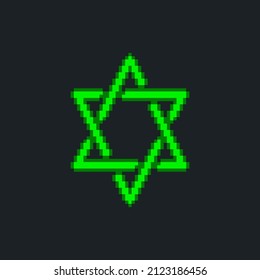 farbenfrohe, einfache flache Pixelkunst, Vektorgrafik des neon-grünen Sterns von David-Zeichen