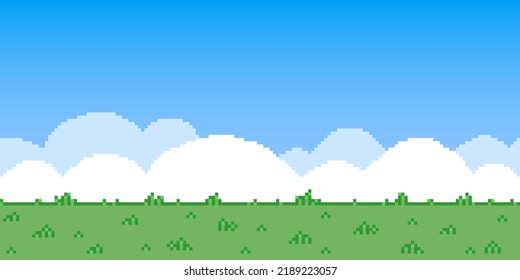 Colorful simple flat pixel art illustration of cartoon outdoor landscape background. Pixel arcade screen for game design. Game design concept in retro style.