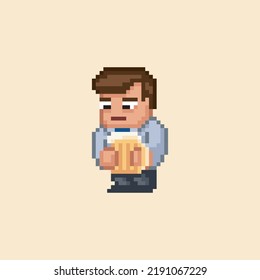 Colorful simple flat pixel art illustration of cartoon sad male drinking beer, retro video game character holding a glass of beer