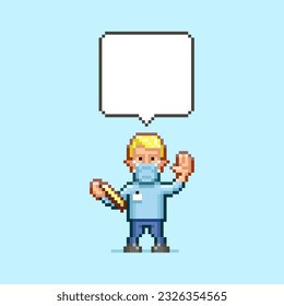 colorful simple flat pixel art illustration of cartoon doctor in medical mask with tablet in his hand and blank speech bubble