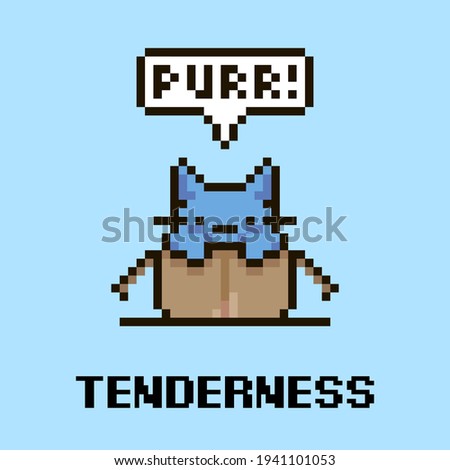 colorful simple flat pixel art illustration of cartoon cute kitten sitting in an open cardboard box and speech-bubble with text purr in it