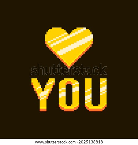 colorful simple flat pixel art illustration of cartoon golden inscription love you with abstract heart on black background