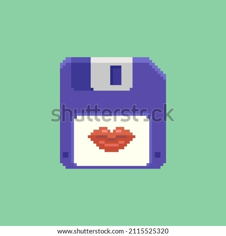 colorful simple flat pixel art illustration of blue computer floppy disk with red female lips in lipstick on the label