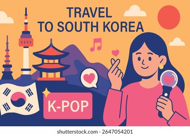 Colorful simple flat vector illustration promoting travel to South Korea for K-pop fans and culture lovers. Saranhae or Sarangeo, a symbol of love from Korea. A symbol of expressing love