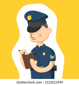 Colorful Simple Flat Vector Of Policeman Is Writing A Order Bill, Occupations Concept Template, Vector Illustration.