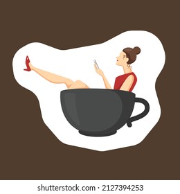 Colorful simple flat vector of relaxing woman in coffee cup, coffee break concept template vector illustration.