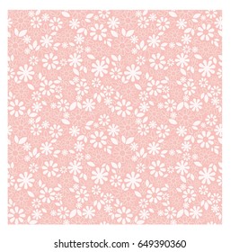 Colorful simple floral texture, banner, background. Seamless pattern with small flowers and leaves on pink background. Cute vector design for ditsy print fabric, scrapbook, wallpaper, wrapping paper