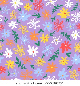 Colorful simple flowers with leaves seamless repeat pattern. Random placed, vector botany all over surface print on lilac background.