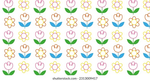 Colorful simple flowers seamless pattern doodle style. Kids floral repeating print. Childish summer background, texture for textile, fabric, wrapping. Flat graphic vector illustration