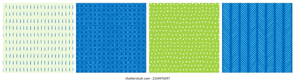 Colorful Simple Geometric Seamless Pattern Set. Blue And Lime Green Vector Background Design With Herringbone, Dot, Square And Stroke Hand Drawn Graphic.