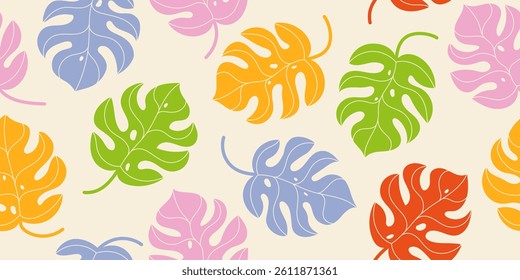 Colorful simple hand drawn monstera leaf pattern in childish style. Cute and fun monstera leaves pattern design for kids.