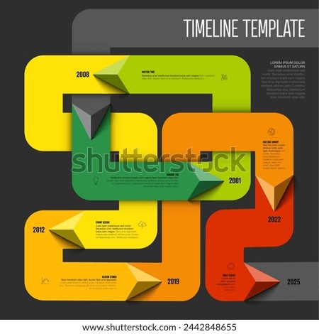 Colorful simple infochart tangle timeline template with triangle arrows on thick color lines, icons, short descriptions and year numbers. Infographic timeline on dark gray background