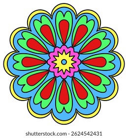  Colorful and simple mandala with flower petals in soft pink, purple, and blue. Perfect for kids and adults coloring books, relaxation, and mindfulness activities.