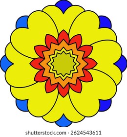 Colorful and simple mandala with flower petals in soft pink, purple, and blue. Perfect for kids and adults coloring books, relaxation, and mindfulness activities.