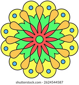 Colorful and simple mandala with flower petals in soft pink, purple, and blue. Perfect for kids and adults coloring books, relaxation, and mindfulness activities.