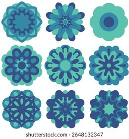 Colorful and simple mandala with flower petals in blue, aqua, cyan blue hues. Ocean and sea color palette. Perfect for kids and adults meditation, relaxation, and mindfulness icons or stickers. EPS 10