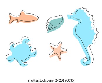 Colorful simple marine animal icons in linestyle. Seahorse, starfish, turtle, fish and shells