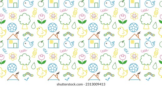 Colorful simple nature seamless pattern doodle style. Childish simple background, texture for textile, fabric, kids room, wrapping. Flat graphic vector illustration
