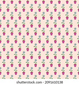 colorful simple pixel art seamless pattern of cartoon white chamomile flower in pink pot in the style of retro video games on pastel beige background