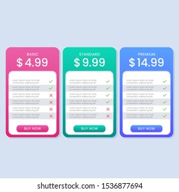 Colorful simple pricing table plan for website