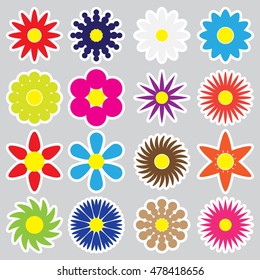 colorful simple retro small flowers set of stickers eps10