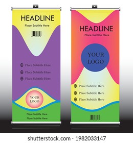 Colorful simple Rollup banner design, Roller Banner stand or Pull Up stand Banner, CMYK color rollup banner template with dummy text, mockup and, dummy icons, important resource for any exhibitor look