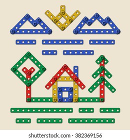 Colorful simple schematic vector country scene with house and trees designed of different sizes realistic plastic details from children building kit isolated on white background