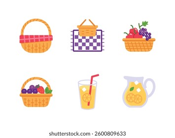 Conjunto simples colorido de ícones planos relacionados ao piquenique. Contém ícones como cesta de piquenique, cobertor, frutas frescas e muito mais.